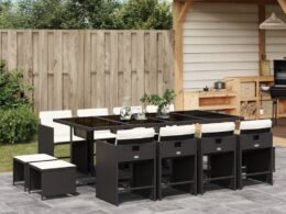 vidaXL 13 Piece Patio Dining Set with Cushions Black Poly Rattan