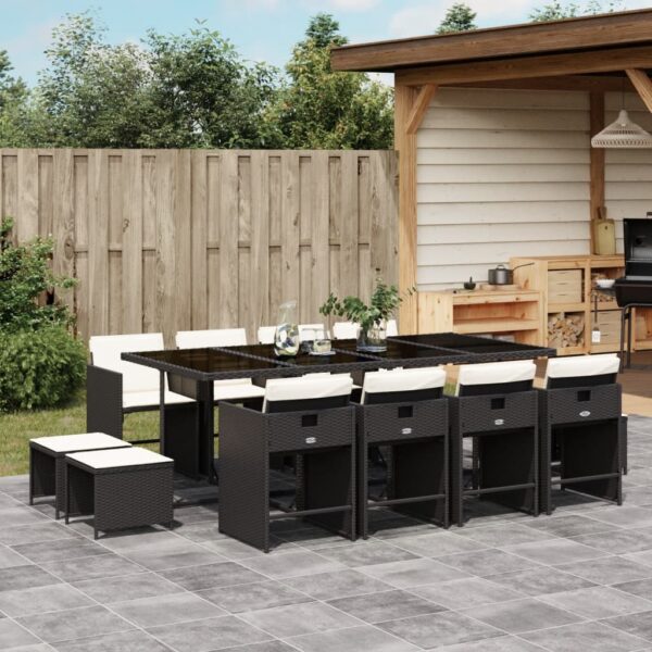 vidaXL 13 Piece Patio Dining Set with Cushions Black Poly Rattan