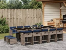 vidaXL 15 Piece Patio Dining Set with Cushions Gray Poly Rattan