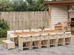 vidaXL 17 Piece Patio Dining Set with Cushions Beige Poly Rattan