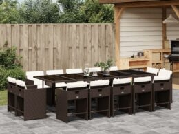 vidaXL 15 Piece Patio Dining Set with Cushions Brown Poly Rattan