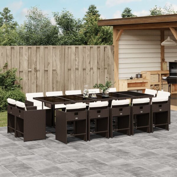 vidaXL 15 Piece Patio Dining Set with Cushions Brown Poly Rattan