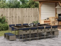 vidaXL 15 Piece Patio Dining Set with Cushions Gray Poly Rattan
