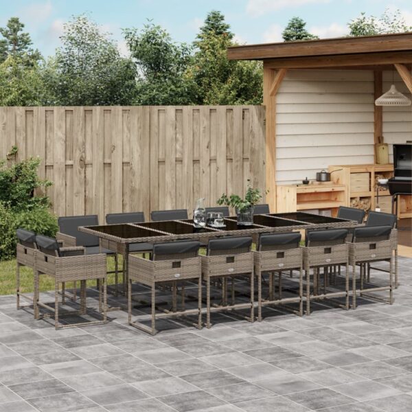 vidaXL 15 Piece Patio Dining Set with Cushions Gray Poly Rattan