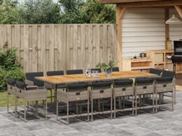 vidaXL 15 Piece Patio Dining Set with Cushions Gray Poly Rattan