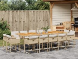 vidaXL 15 Piece Patio Dining Set with Cushions Beige Poly Rattan