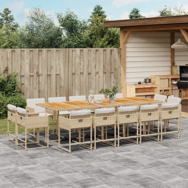 vidaXL 15 Piece Patio Dining Set with Cushions Beige Poly Rattan