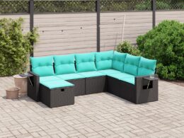 vidaXL 7 Piece Patio Sofa Set with Cushions Black Poly Rattan