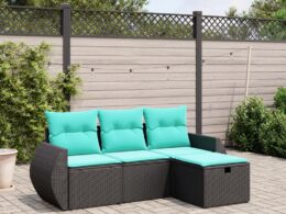 vidaXL 4 Piece Patio Sofa Set with Cushions Black Poly Rattan
