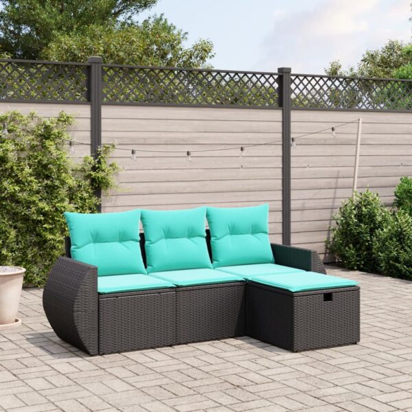 vidaXL 4 Piece Patio Sofa Set with Cushions Black Poly Rattan