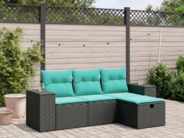 vidaXL 4 Piece Patio Sofa Set with Cushions Black Poly Rattan