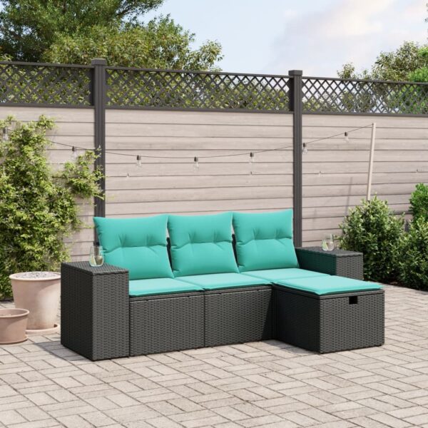 vidaXL 4 Piece Patio Sofa Set with Cushions Black Poly Rattan