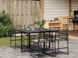 vidaXL 5 Piece Patio Dining Set with Cushions Black Poly Rattan