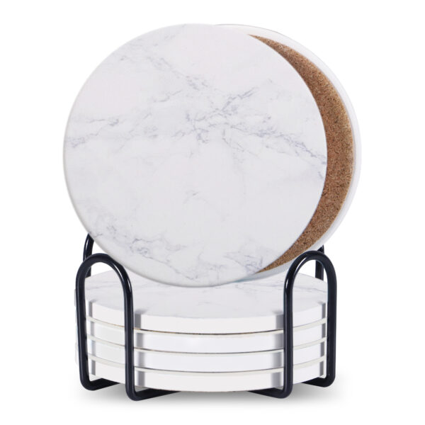 Set Of 6 Beverage Coasters With Stand Round 4in Ceramic Coaster With Metal Stand Absorbent Marble Stone Coaster With Cork Base - Image 8