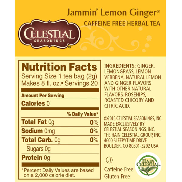 Celestial Seasonings Jammin' Lemon Ginger Herbal Tea (6x20 Bag) - Image 5