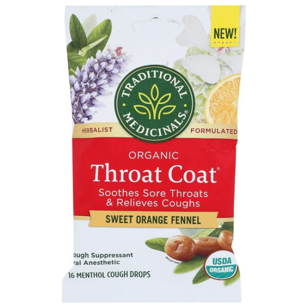 Organic Throat Coat Sweet Orange Fennel Cough Drops 16 Drops (Pack of 12)