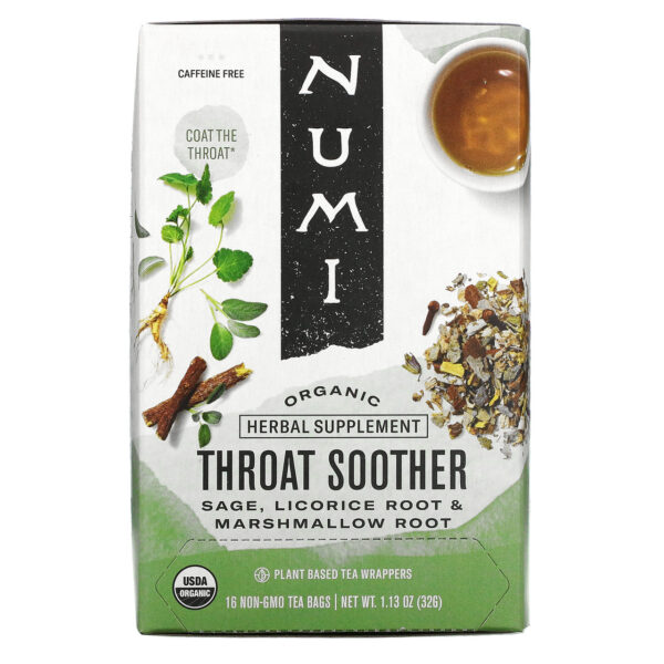 Numi Organic Caffeine Free Throat Soother Herbal Tea 16 Tea Bags (Pack of 6 Boxes)