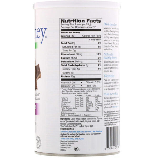 Tera's Whey rBGH Free Whey Protein Dark Chocolate Cocoa (1x12 OZ) - Image 2