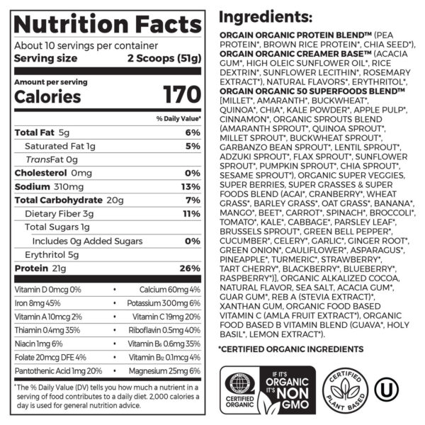 Orgain Organic Superfoods Chocolate Protein Powder 1.12 lb - Image 11