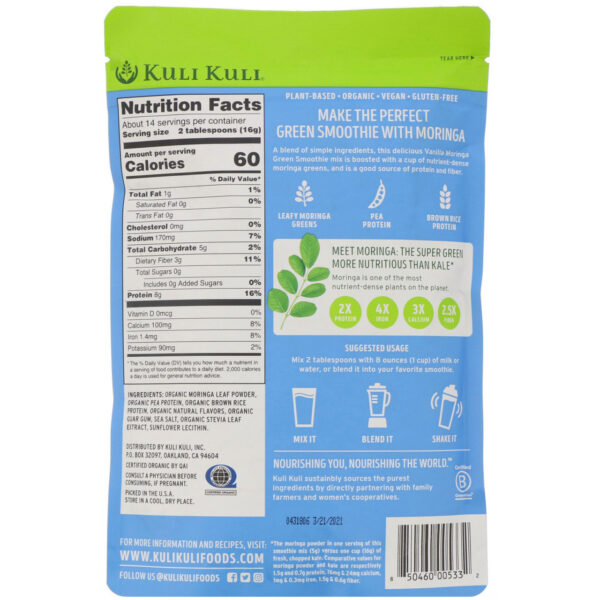 Kuli Kuli Organic Moringa Green Smoothie with Plant Protein Vanilla Smoothie Mix 7.6 oz - Image 2