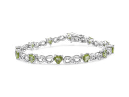.925 Sterling Silver 1.00 Cttw Diamond and 4.00mm Lab Created Green Heart-Shaped Peridot Infinity Link Bracelet (I-J Color, I2-I3 Clarity) - 7.25"