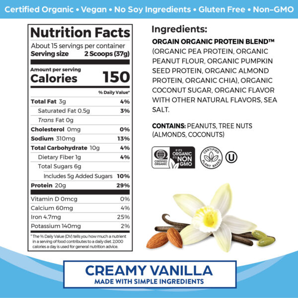 Orgain Organic Simple Vanilla Plant Protein Powder 1.25 lb - Image 2