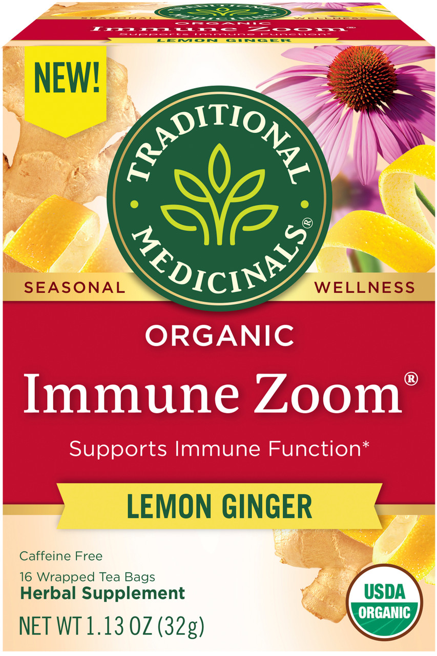 Organic Immune Zoom Caffeine Free Lemon Ginger Tea 16 Tea Bags (Pack of 6 Boxes)