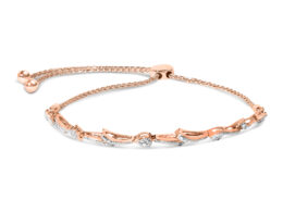 14K Rose Gold Plated .925 Sterling Silver Diamond Accent Heart and Wave Link Bolo Bracelet (I-J Color, I2-I3 Clarity) - 6" to 9" Adjustable