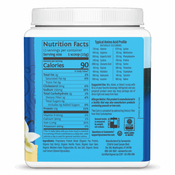 Sunwarrior Organic Vanilla Flavored Protein Warrior Blend 13.2 oz - Image 4