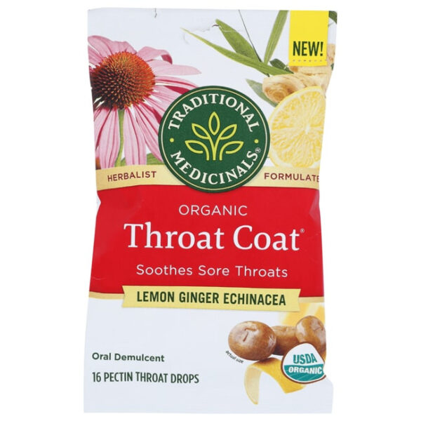 Organic Throat Coat Lemon Ginger Echinacea Cough Drops 16 Cough Drops (Pack of 12)