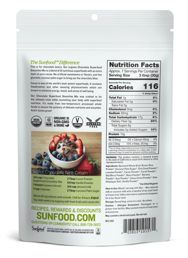 Sunfood Organic Chocolate Superfood Smoothie Mix 8 oz - Image 2