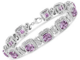 .925 Sterling Silver 7x7 mm Cushion Cut Purple Amethyst and 1/10 cttw Round Cut Diamond Square Shape Tennis Bracelet (I-J Color, I1-I2 Clarity) - 7"