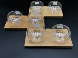 A Set Of 3 Bamboo Double Trays With 6 Doublewalled Thermo Bowls To Match