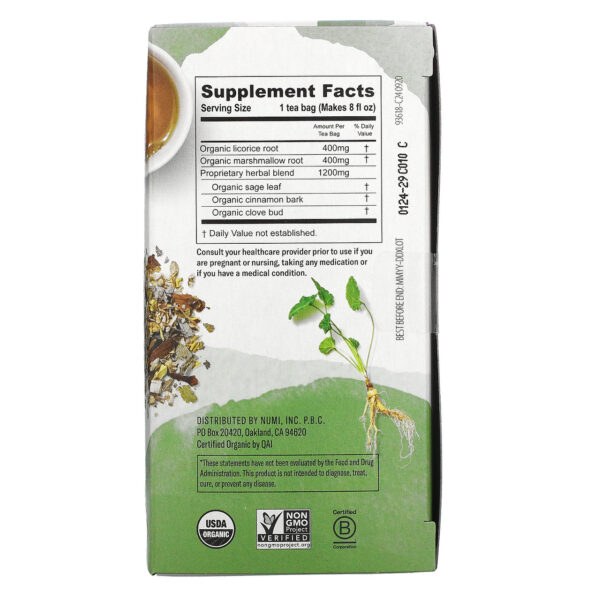 Numi Organic Caffeine Free Throat Soother Herbal Tea 16 Tea Bags (Pack of 6 Boxes) - Image 2