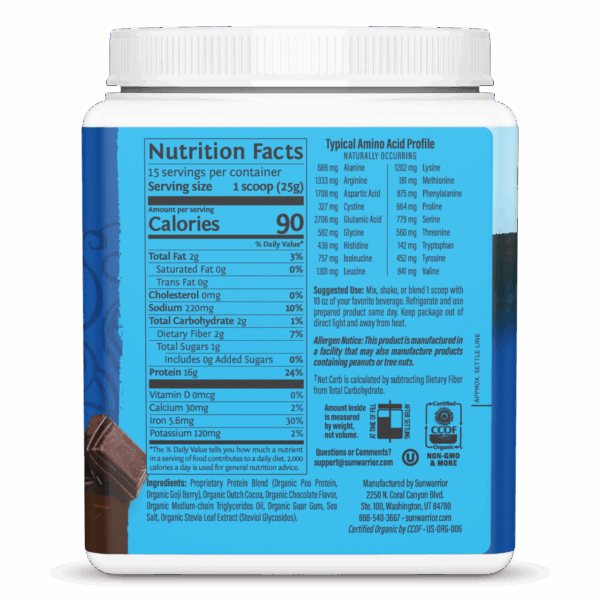 Sunwarrior Organic Chocolate Flavor Protein Blend 13.2 oz - Image 2