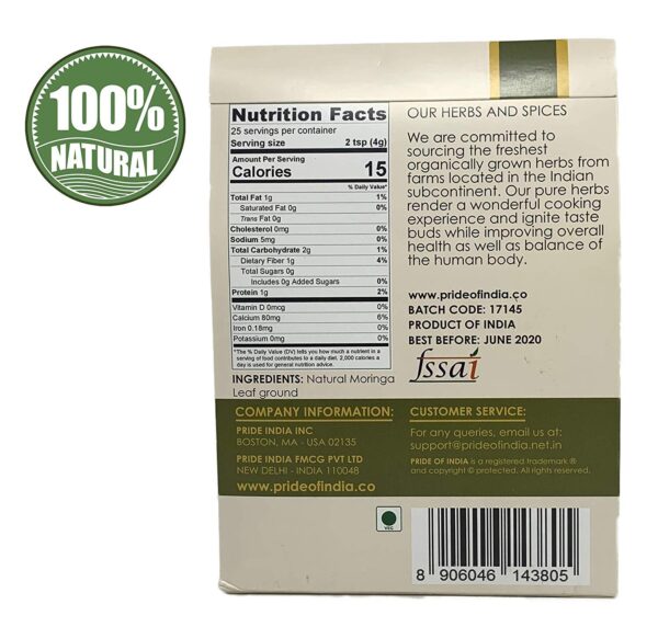 Premium Grade Pure & Raw Sun-dried Moringa Leaf Ground, (3.53oz - 100gm) - Image 3
