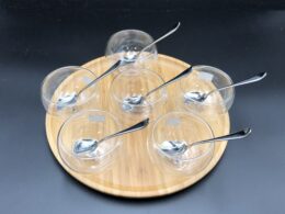 Ice-Cream Presentation Set With 6 Large Thermo Bowls And Spoons And Round Bamboo Platter