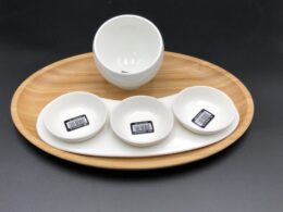 A Mignardises (Petit Four) Serving Set With Bamboo Oval Tray And Porcelain Dishes To Match