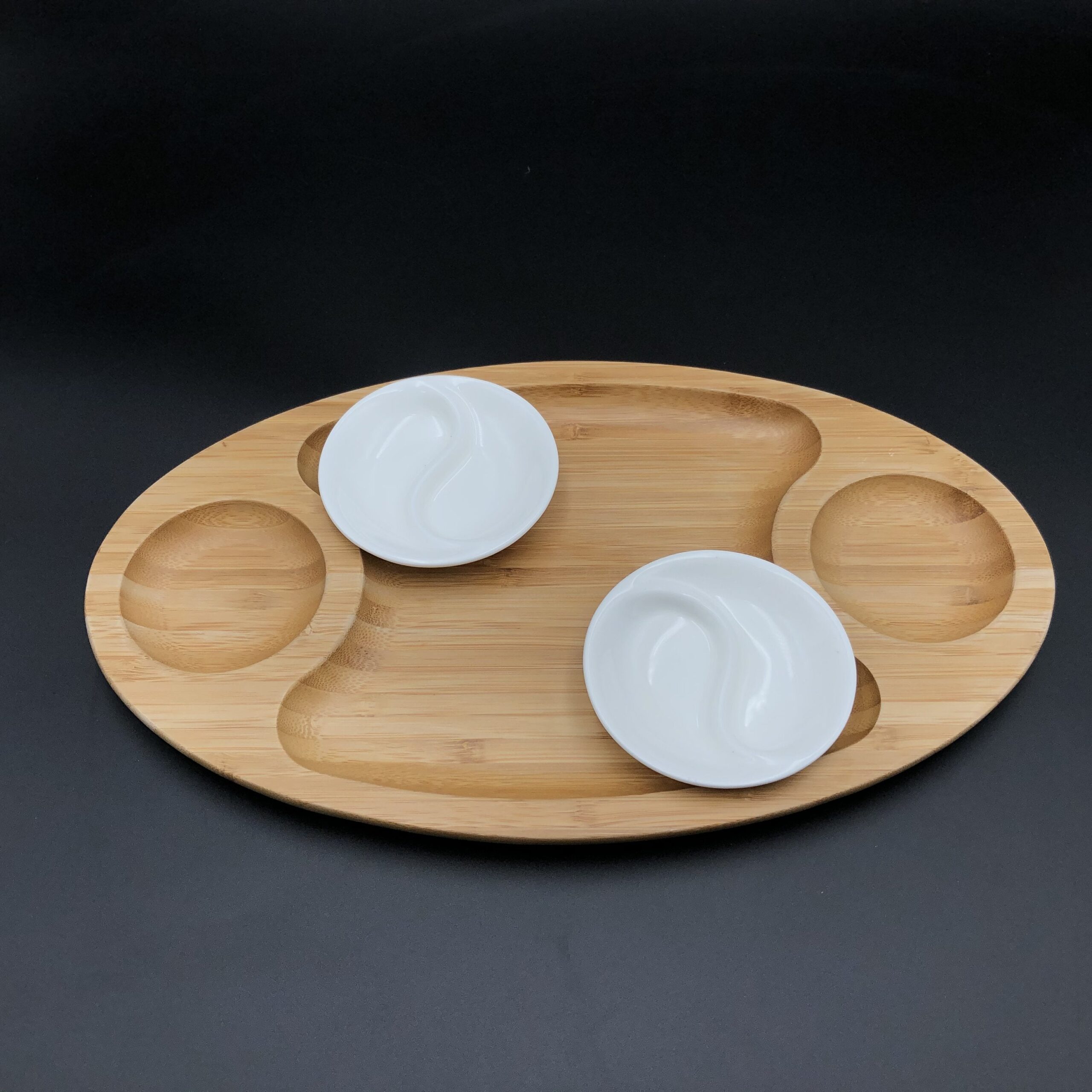 Fine Porcelain And Bamboo Serving Tray Combo Set With A Yin Yang 2 Section Saucer - Image 2