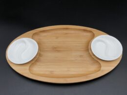 Fine Porcelain And Bamboo Serving Tray Combo Set With A Yin Yang 2 Section Saucer