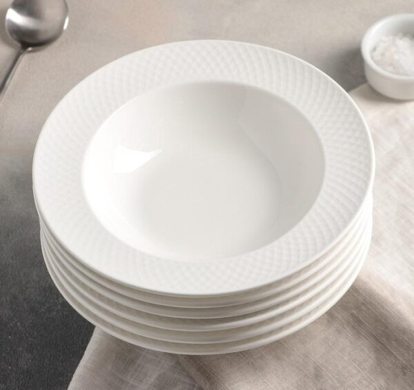White Porcelain Deep Plate With Embossed Wide Rim 9" inch | Set Of 6 In Gift Box - Image 2