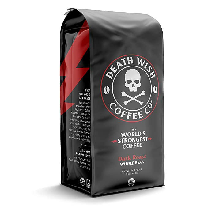 Death Wish Organic Whole Bean Dark Roast Coffee 16 oz (Pack of 6)