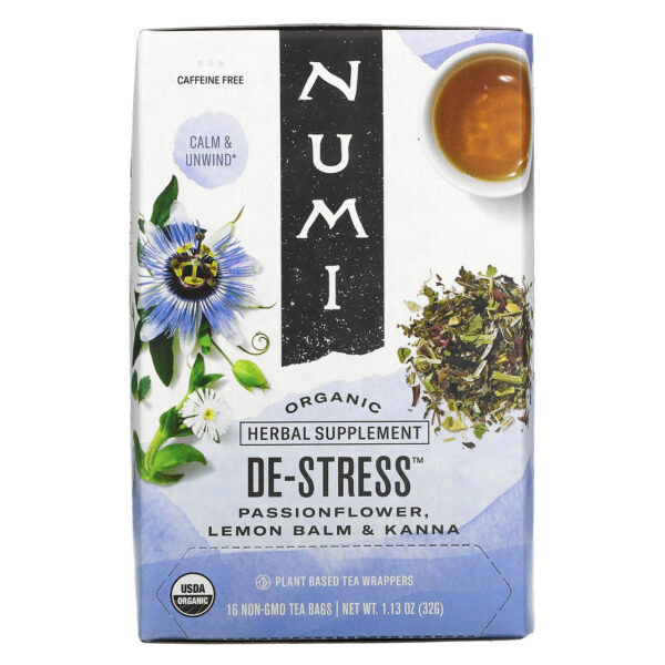 Numi Organic Caffeine Free De-Stress Herbal Tea 16 Tea Bags (Pack of 6 Boxes)