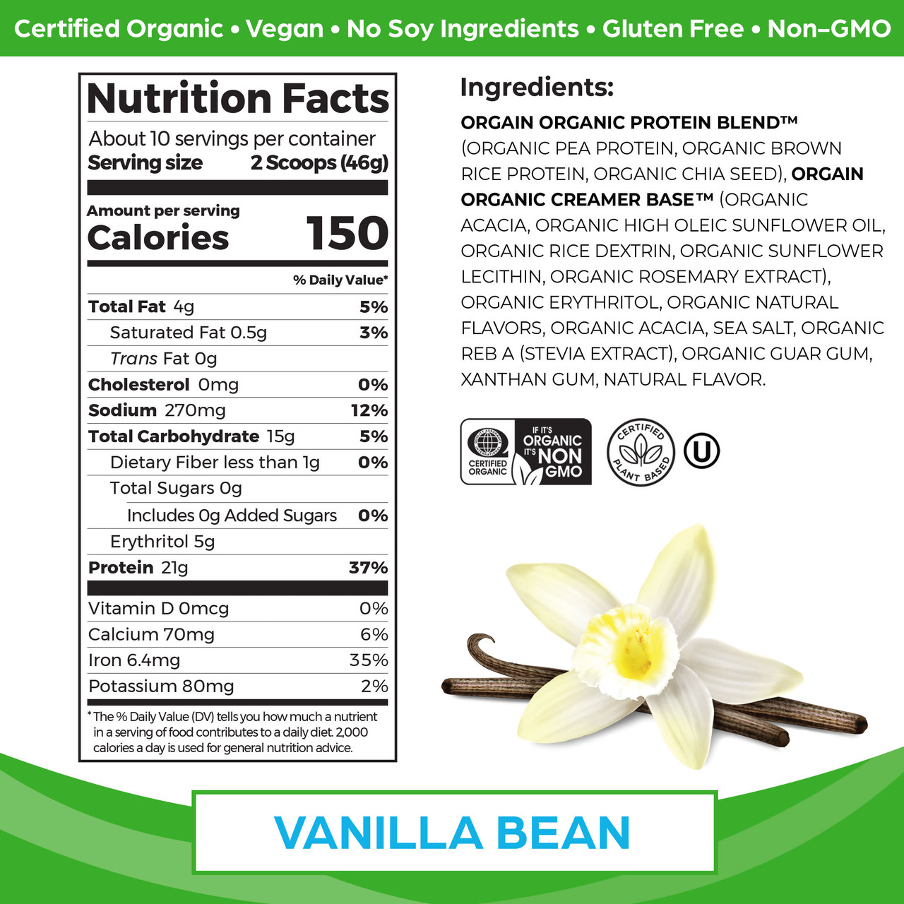 Orgain Organic Plant Based Protein Powder, Sweet Vanilla Bean (1X1.02 Lb  ) - Image 2