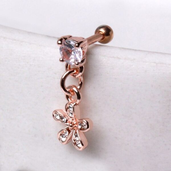 Rose Gold Plated Cartilage Earring with Flower Dangle - Image 2