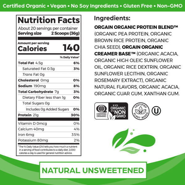 Orgain Organic Unsweetened Plant Protein Powder 1.59 lb - Image 2