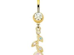 Gold Synthetic Opal Flower Vine Dangle Navel Ring