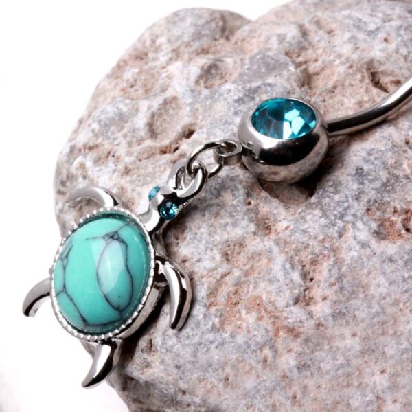 316L Stainless Steel Turquoise Turtle Dangle Navel Ring - Image 2