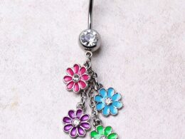 Navel Ring with Multi Color Daisy Dangle