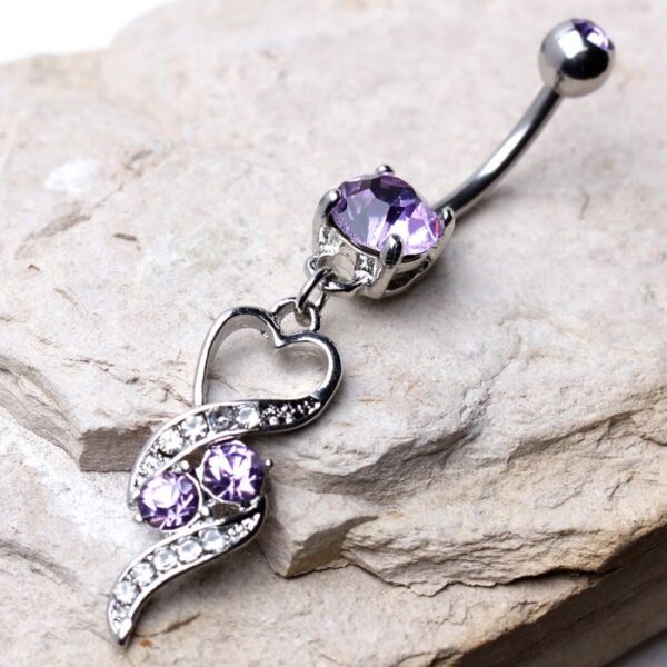 316L Surgical Steel Gemmed Navel Ring with Elegant Heart Spiral Dangle - Image 2